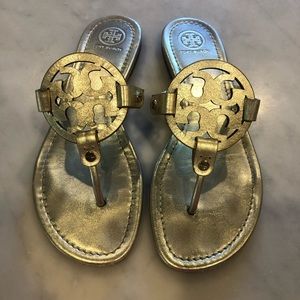 Tori Burch Miller sandal, metallic gold, size 8